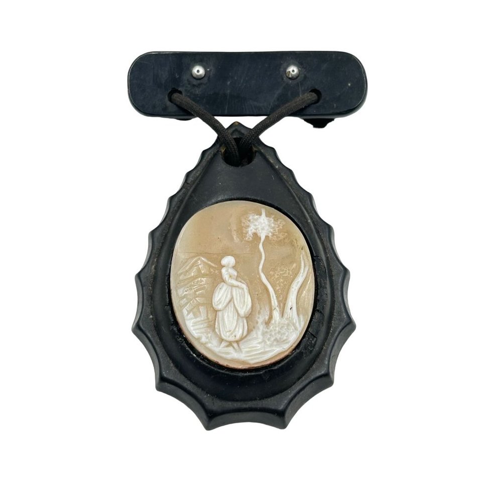 Antique Mourning Brooch Pin Dangle Genuine Carved Shell Cameo Black Drop Shaped - Picture 1 of 9